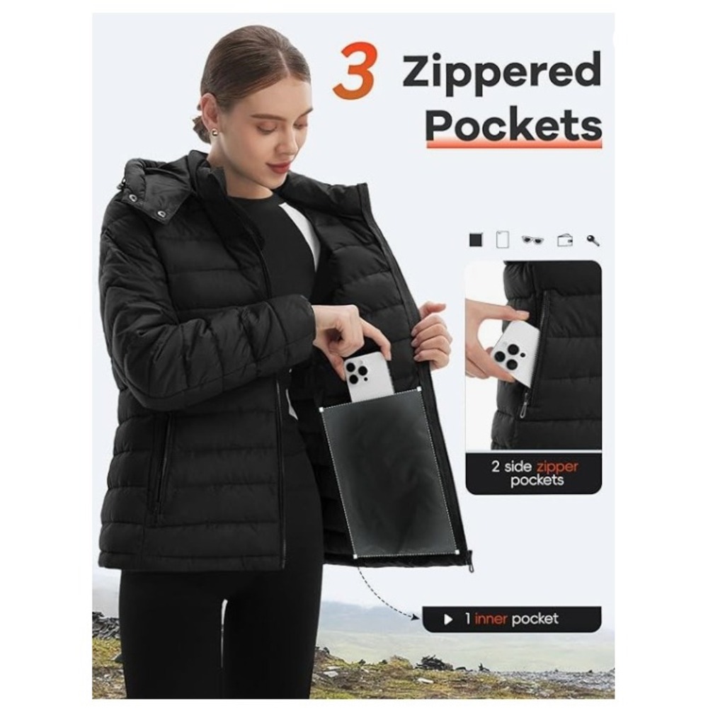 Black Packable Puffer Jacket, Womens 2XL, Lightweight Hooded Winter Coat Outdoor - Picture 4 of 7